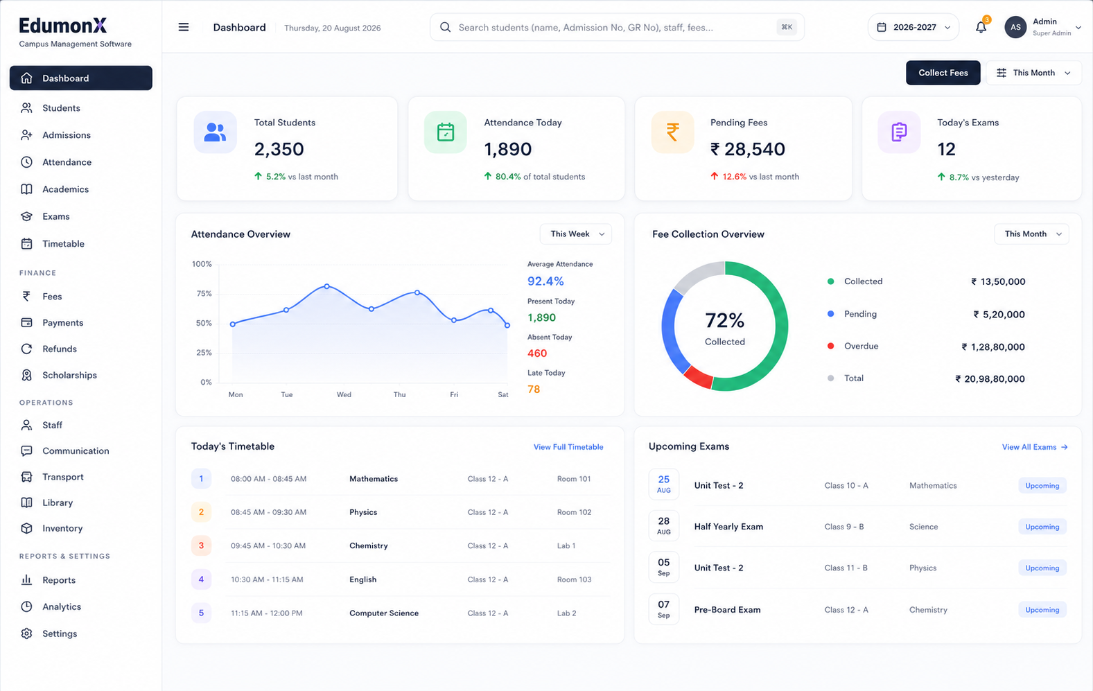 EdumonX dashboard showing students, attendance, fee collection and upcoming exams